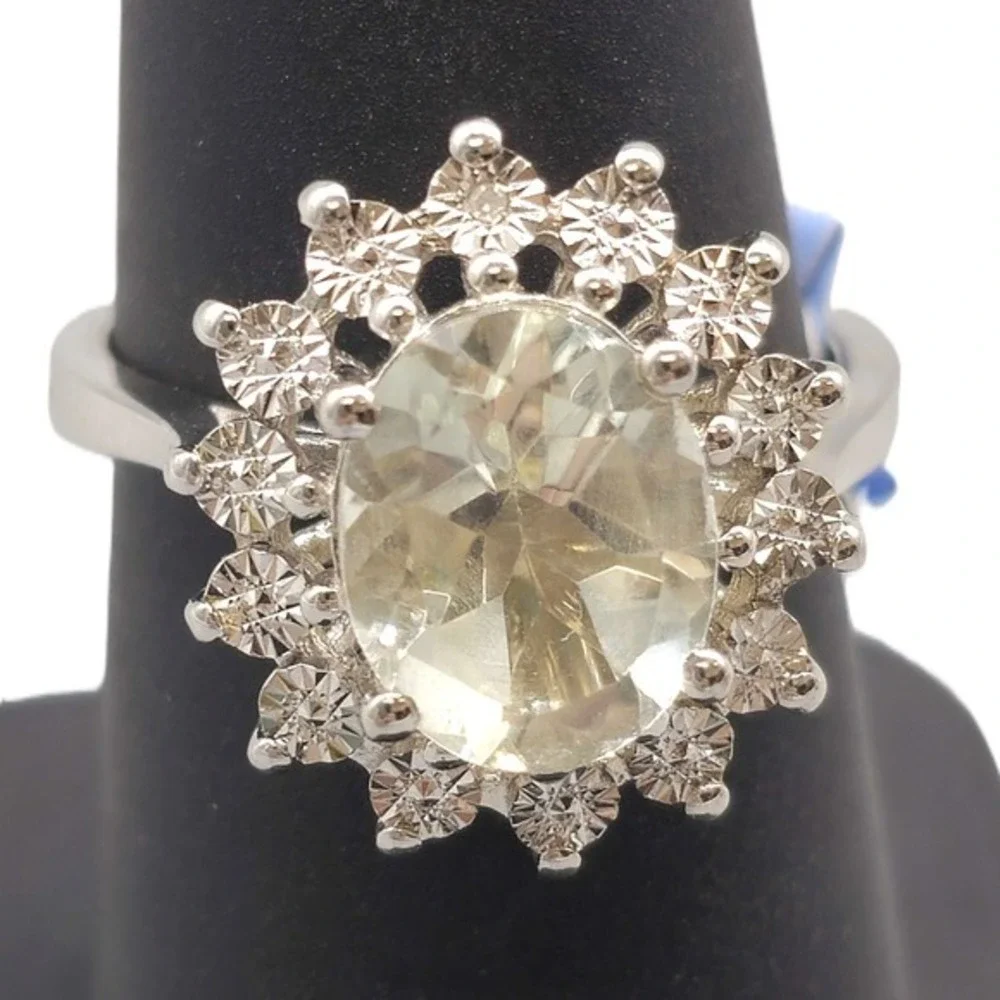 .925 SILVER DIAMOND & GREEN AMETHYST RING SIZE 7.25 4.1G (GNH022773)